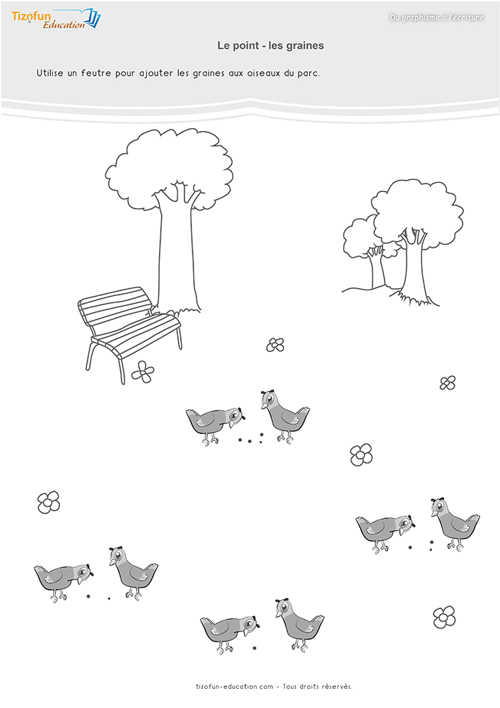 Activité de Graphisme sur les points en maternelle montrant des oiseaux du parc à nourrir avec de petites graines représentées par des points.
