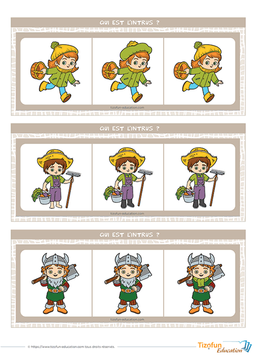 Aperçu d'un jeu de cartes où les enfants observent trois illustrations presque identiques afin de retrouver l'intrus grâce à leur sens de l'observation.