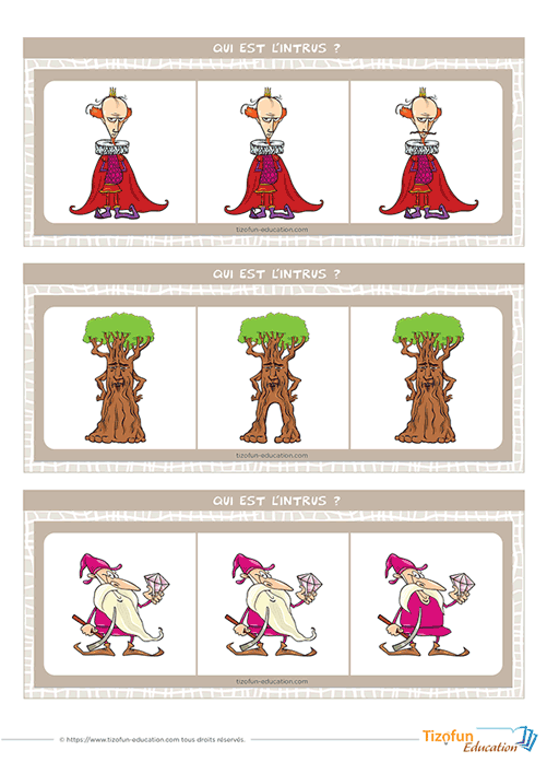 Aperçu d'un jeu de cartes de discrimination visuelle proposant de retrouver l'intrus parmi trois images presque identiques.