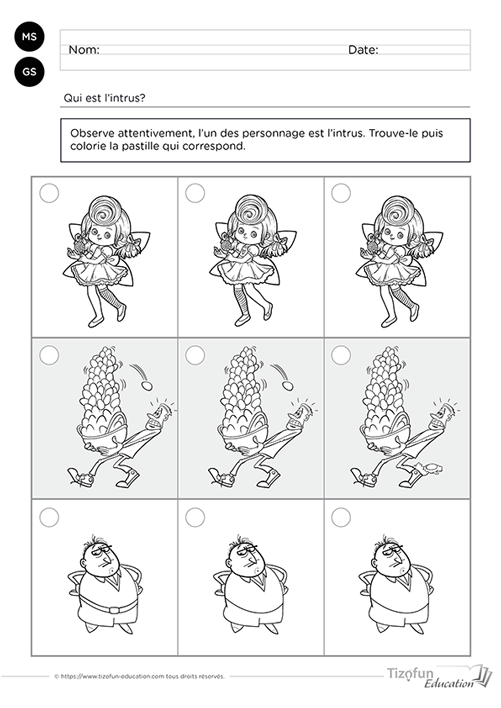 Prévisualisation de l'activité pour trouver l'intrus en maternelle