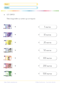 Reconnaître les billets en euros CE1 CE2 : relier chaque billet à sa valeur