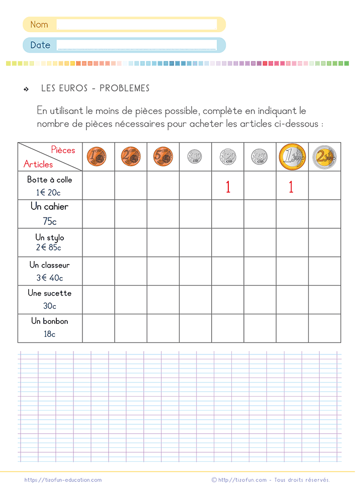 Problème de monnaie en euros et centimes au CE1 et au CE2 proposant de composer chaque somme avec le moins de pièces possible afin de développer les stratégies de calcul et de manipulation de la monnaie.