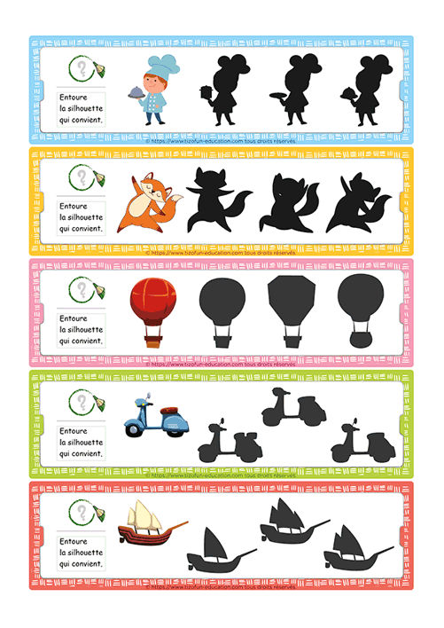 Prévisualisation de cartes de discrimination visuelle où les enfants associent un personnage, un animal ou un objet à sa silhouette en observant les contours.