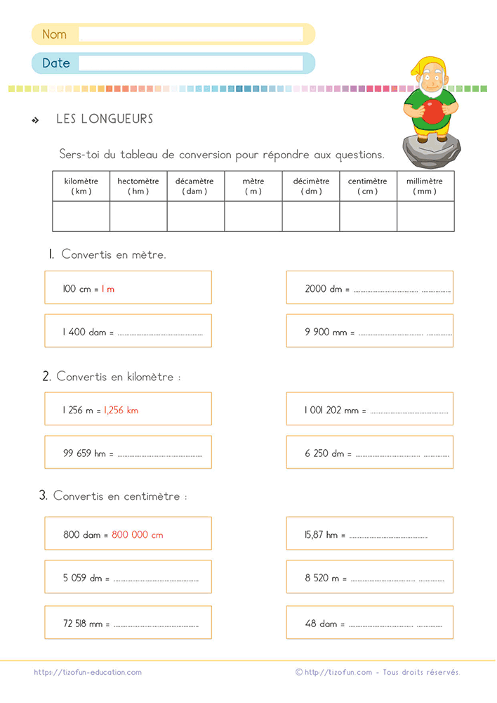 Activité de conversion des longueurs avec tableau du CM1 au CM2 jusqu'en 6e proposant des exercices progressifs pour convertir des mesures entre le kilomètre et le millimètre.