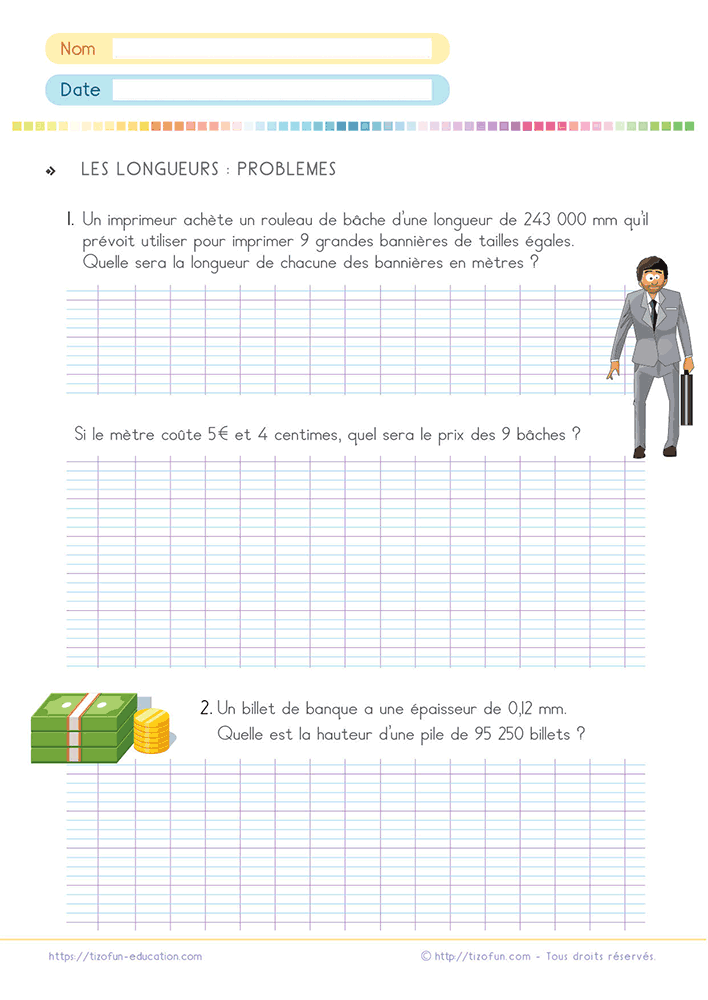 Exercices de problèmes de longueurs avec conversions en CM1 et CM2 à partir de situations concrètes de grandeurs et mesures.