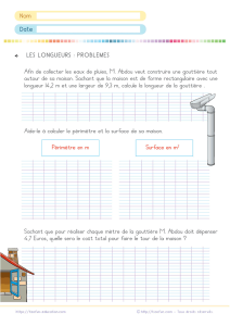 Problème aire périmètre maison CM1 CM2 6e : calculer une gouttière et son coût