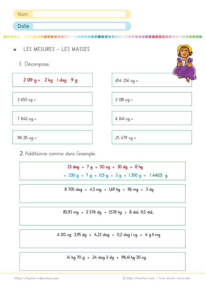 Fiche d'exercices conversion masses CM1 CM2 6e avec décomposition des masses et calculs entre kilogrammes, grammes et centigrammes.