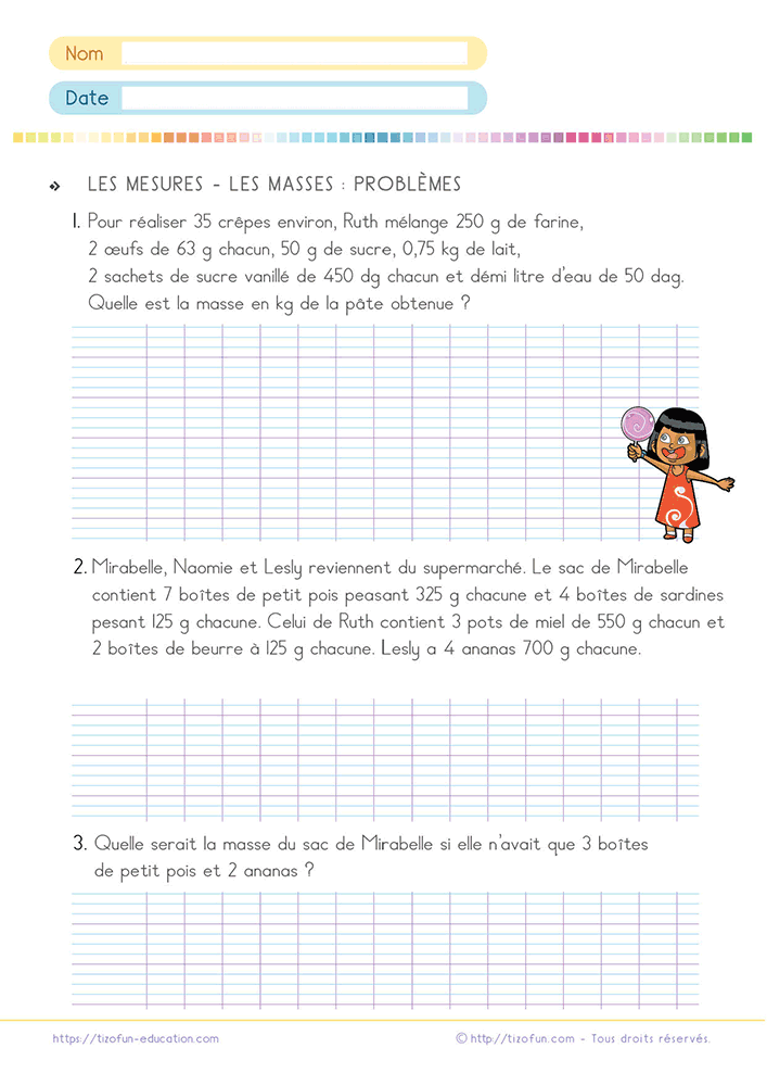 Fiche de problèmes masses CM1 CM2 6e utilisant des conversions, additions et comparaisons de mesures de masse.
