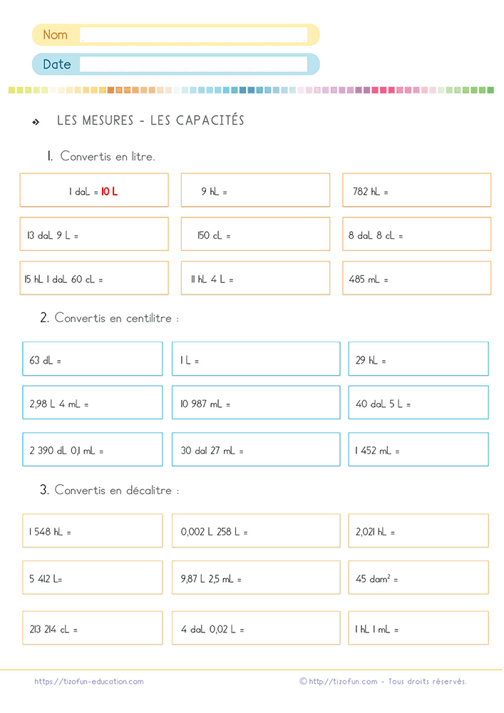 Exercices conversion capacités CM1 CM2 6e proposant des conversions entre litres, décalitres, centilitres et millilitres.