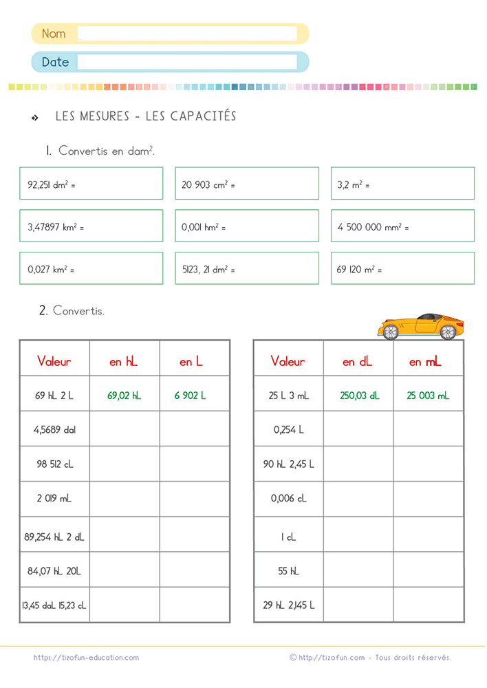 Exercices capacités litres conversions CM1 CM2 6e avec conversions entre litres, hectolitres, décilitres, centilitres et millilitres.