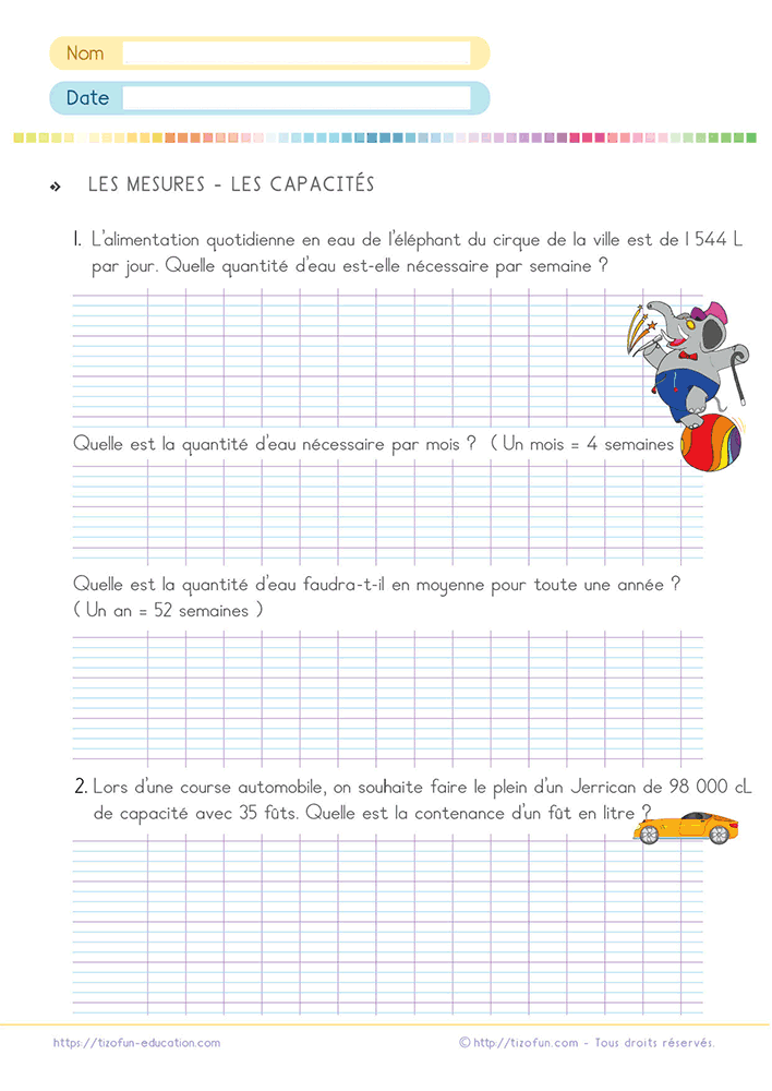 Exercices pour résoudre un problème de mesures de capacités CM1 CM2 6e.