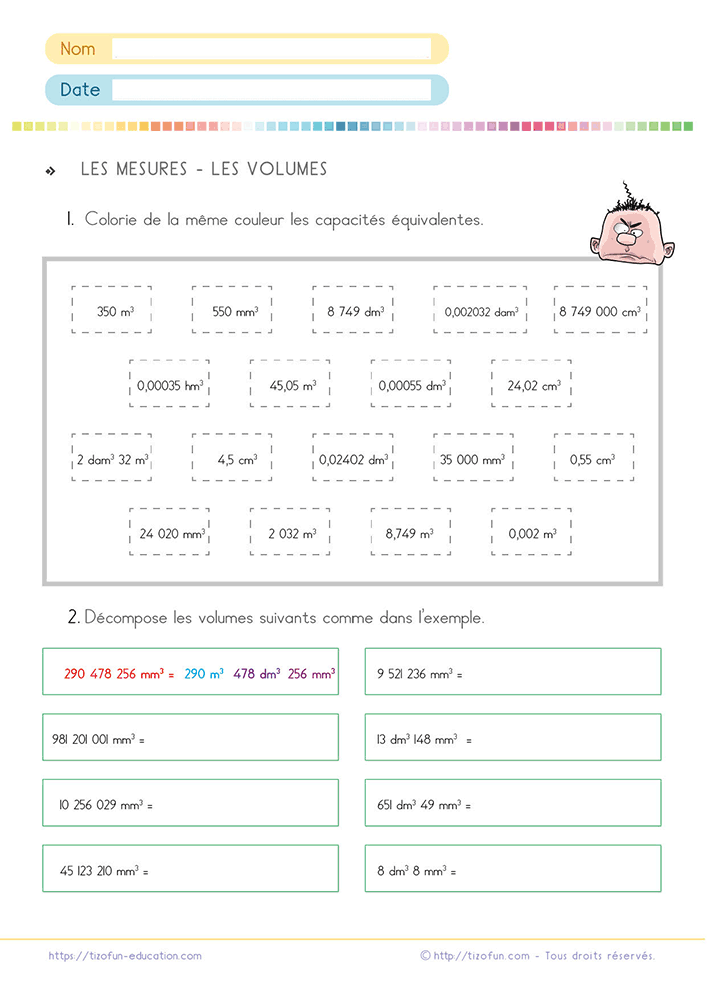 Exercices pour décomposer un volume en mètres cubes décimètres cubes millimètres cubes.