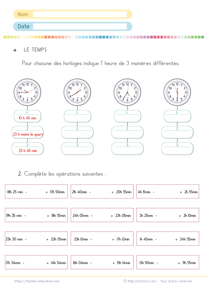 Fiche d'exercices pour lire l'heure CE2 CM2 sur une horloge et compléter des calculs de durées.