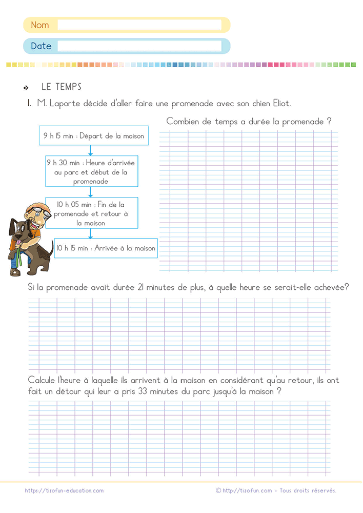 Fiche pédagogique pour calculer la durée d'une promenade à partir d'horaires successifs, d'une chronologie et de problèmes de temps.