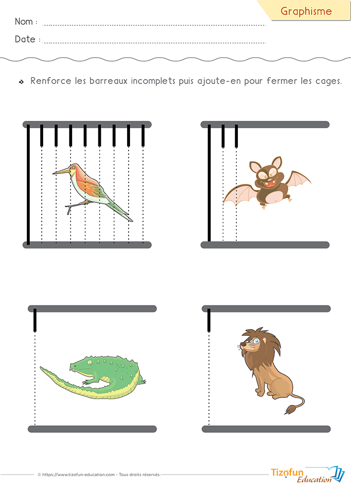 Activité de Graphisme des lignes verticales en PS et MS proposant de compléter les cages des animaux avec des barreaux tracés de haut en bas.