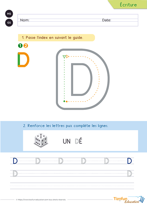 Fiche d'écriture de la lettre D majuscule avec un modèle guidé, le mot repère « dé » et des lignes d'entraînement.