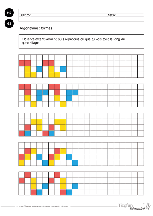 Aperçu d'une fiche de suite logique couleur pour la maternelle invitant les élèves de MS et GS à compléter un motif coloré sur quadrillage en observant la régularité.