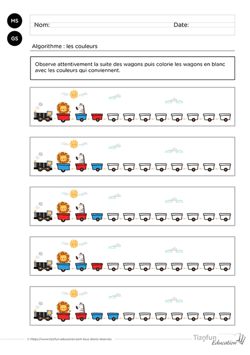 Aperçu d'une fiche d'algorithme avec un train invitant les élèves de MS et GS à observer les premiers wagons avant de prolonger la suite de couleurs.