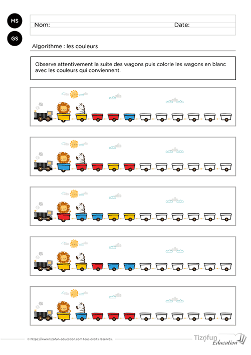 Activité de mathématiques en maternelle où les enfants complètent la suite de couleurs d'un train afin de retrouver la règle qui organise les wagons.