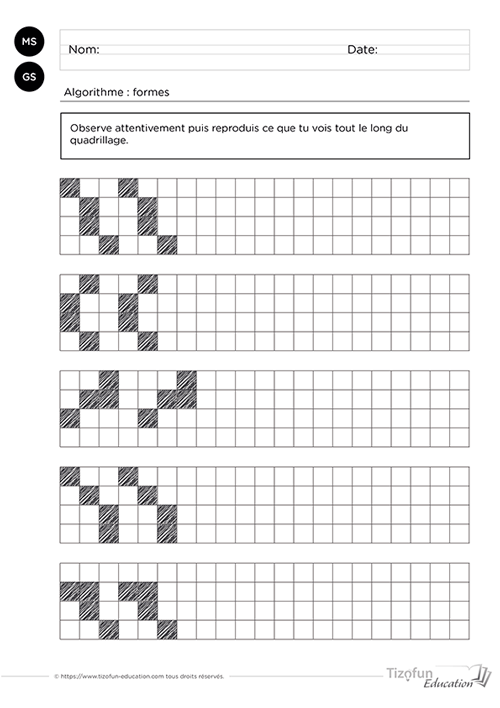 Prévisualisation d'une activité de Maternelle invitant l'enfant à reproduire un algorithme de formes sur quadrillage en identifiant la règle avant de poursuivre chaque suite logique.
