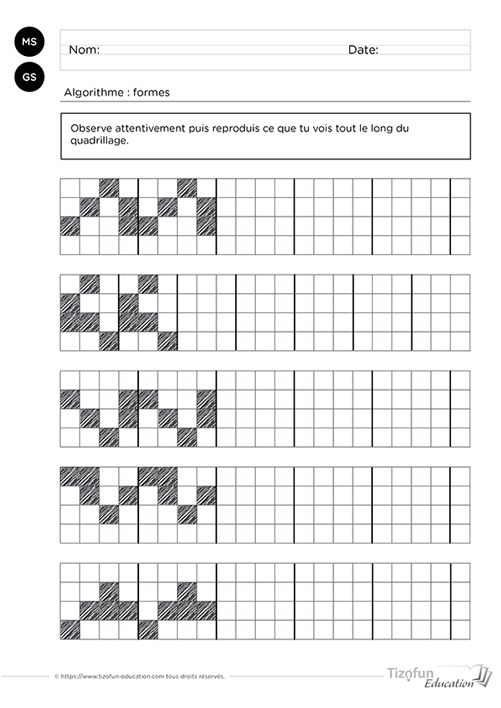 Prévisualisation d'une fiche de Maternelle où l'enfant complète un algorithme de formes sur quadrillage en recherchant la règle qui organise chaque suite logique.