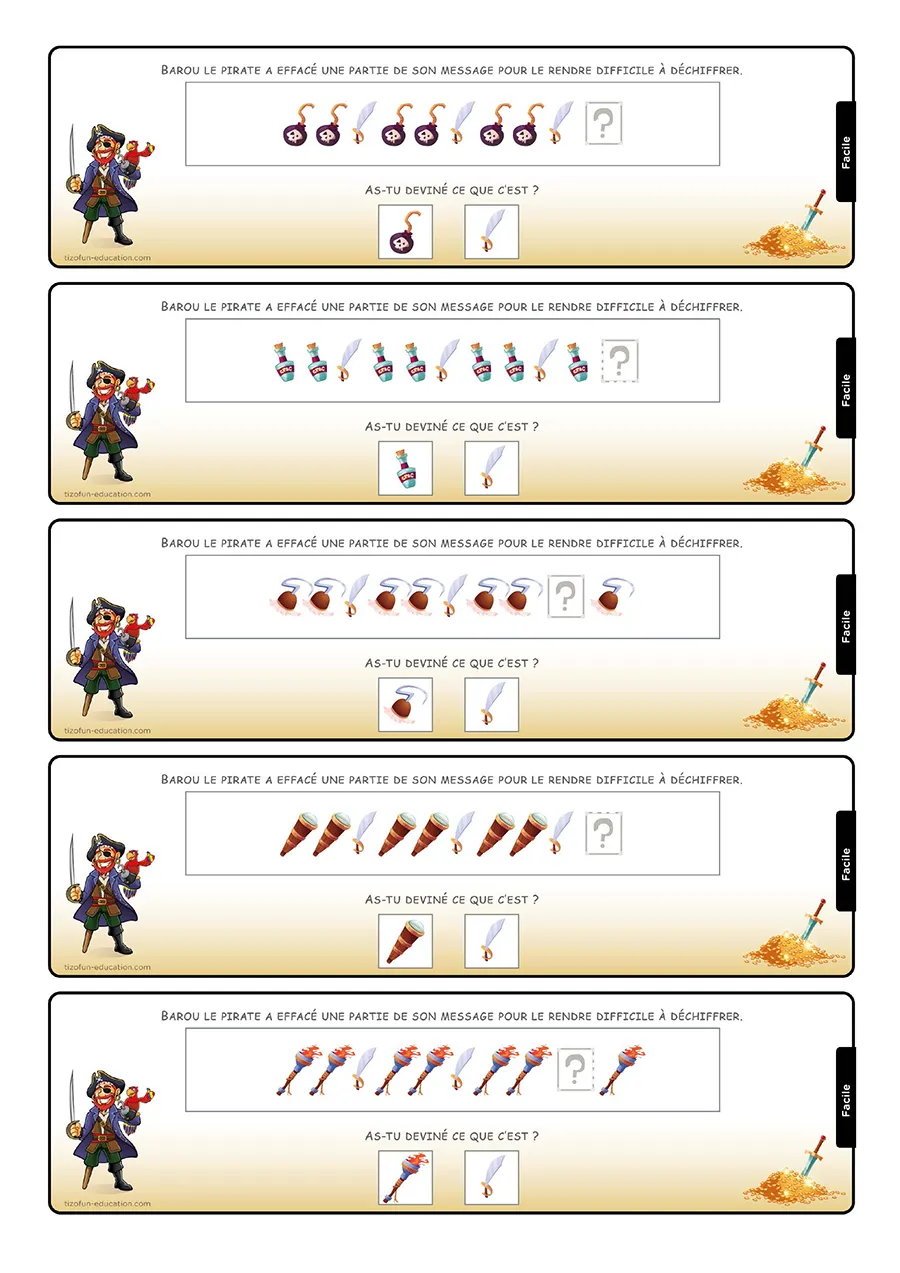 Prévisualisation de cartes de suites logiques avec Barou le Pirate où les enfants complètent un message codé en observant la règle de répétition.