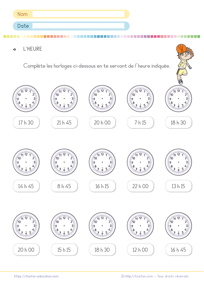 Activité imprimable pour compléter une horloge à partir d'une heure au CP, CE1 et CE2 en dessinant correctement les aiguilles afin de renforcer la lecture de l'heure.