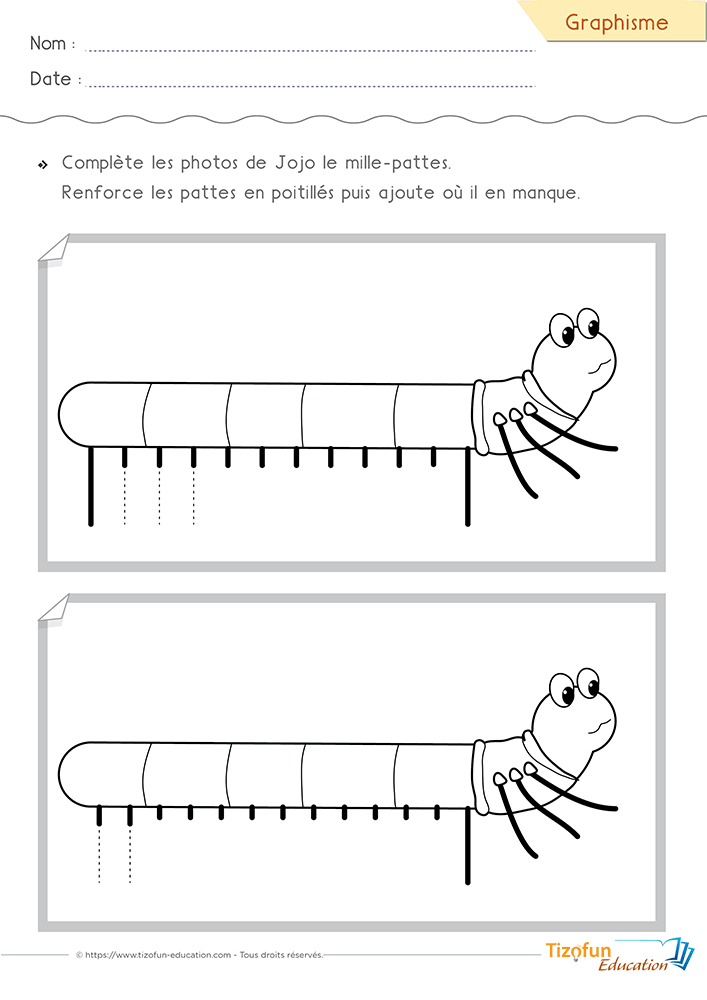 Activité de Graphisme sur les lignes verticales en PS et MS proposant de compléter les pattes de Jojo le mille-pattes avec des tracés verticaux réguliers.