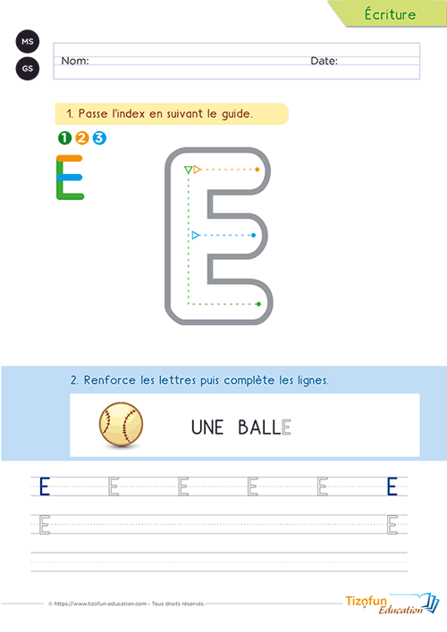Fiche d'écriture de la lettre E majuscule avec un modèle guidé, le mot repère « balle » et des lignes d'entraînement.
