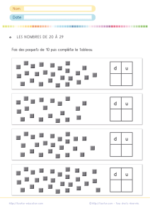 Fiche exercice associer écriture chiffrée collections 20 à 29 avec tableau dizaines unités