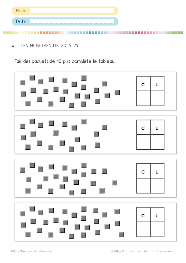 Fiche exercice associer écriture chiffrée collections 20 à 29 avec tableau de dizaines et unités.