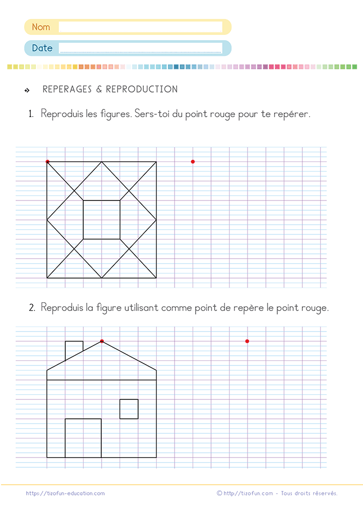Activité de géométrie pour reproduire une figure sur un quadrillage en CE1 et CE2 à partir d'un point de repère rouge. Les élèves reconstruisent le modèle en comptant les carreaux et en reliant précisément chaque sommet.