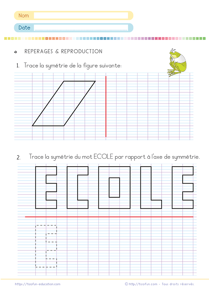 Fiche de Mathématiques proposant de tracer le symétrique d'une figure sur quadrillage en CE1 et CE2 avec un parallélogramme puis un mot à reproduire autour d'un axe de symétrie.