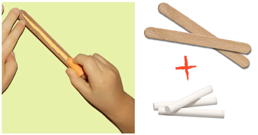 Enfant utilisant une craie le long d'un bâtonnet de bois pour réaliser un trait régulier dans une activité de graphisme en maternelle.