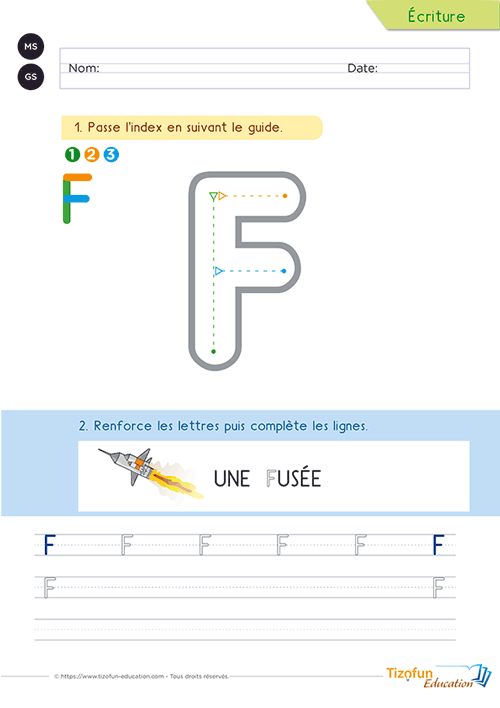 Fiche d'écriture de la lettre F majuscule avec un modèle guidé, le mot repère « fusée » et des lignes d'entraînement.