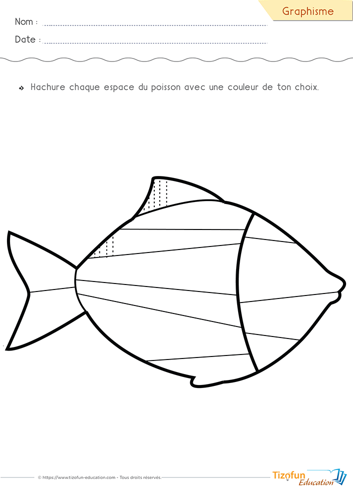 Activité de Graphisme sur les traits verticaux en PS, MS et GS proposant de remplir les différentes zones d'un poisson abstrait avec des hachures régulières.