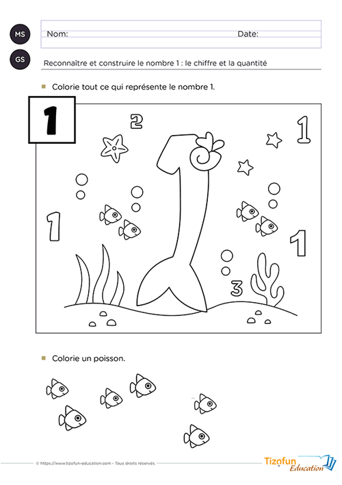 Support pédagogique de Maternelle proposant une activité de coloriage pour reconnaître le nombre 1, associer le chiffre à la quantité et développer les premiers apprentissages de la numération.