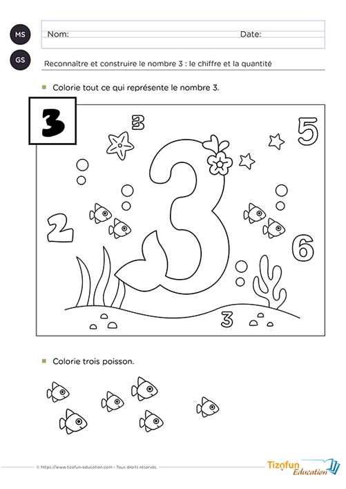 upport pédagogique de Maternelle proposant un coloriage pour reconnaître le nombre 3 en MS GS, associer le chiffre à la quantité et renforcer les premiers repères en numération.