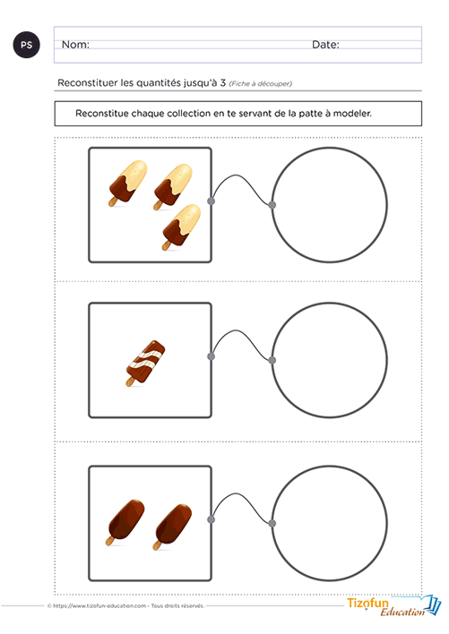 Aperçu d'un atelier de mathématiques en maternelle invitant à reconstruire une collection jusqu'à 3 avec de la pâte à modeler.
