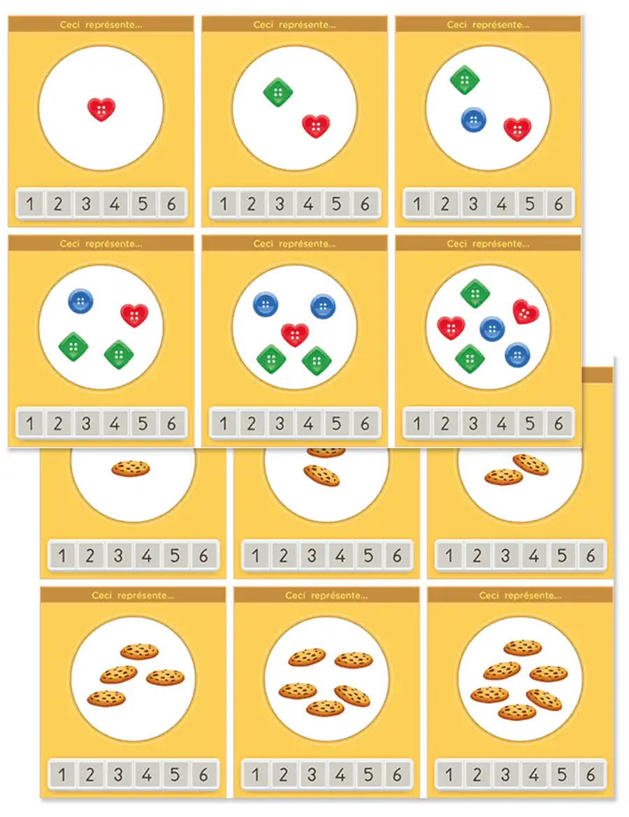 Jeu de memory des nombres de 1 à 6 en Maternelle (MS GS) proposant des cartes pour associer les quantités aux écritures chiffrées tout en développant la mémoire visuelle et la numération.