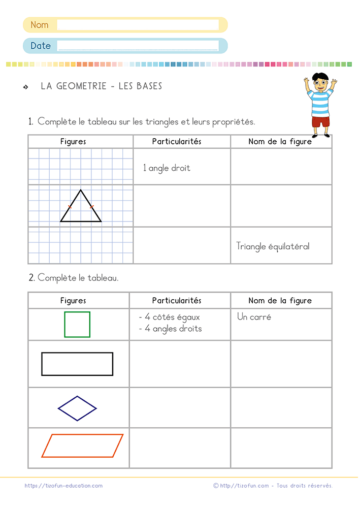 Fiche de Mathématiques pour reconnaître et décrire des figures géométriques en CE1 et CE2 grâce à des tableaux sur les triangles et les quadrilatères avec leurs propriétés.