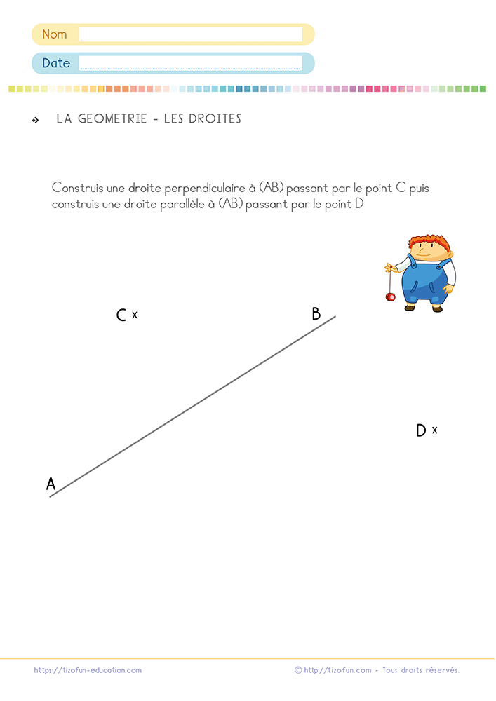Fiche de géométrie pour tracer des droites parallèles et perpendiculaires en CE1 et CE2 à partir d'une droite donnée et de deux points de construction.