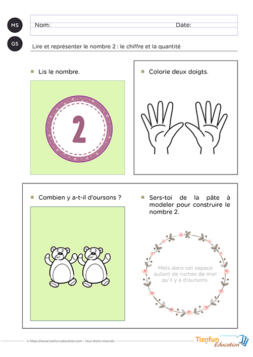 Support pédagogique de Maternelle permettant de lire et représenter le nombre 2 grâce à des activités de lecture, de comptage, de coloriage des doigts et de manipulation avec de la pâte à modeler afin de relier le chiffre à la quantité.