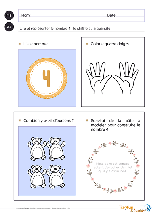 Support pédagogique de Maternelle permettant de lire et représenter le nombre 4 grâce à des ateliers de lecture, de comptage, de coloriage des doigts et de manipulation avec de la pâte à modeler afin de relier le chiffre à la quantité.
