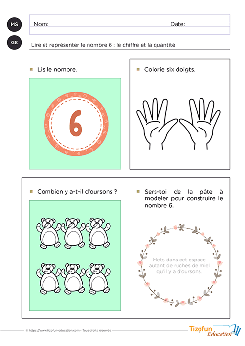 Support pédagogique de Maternelle proposant plusieurs activités pour lire et représenter le nombre 6 grâce au comptage, aux doigts, à la pâte à modeler et aux collections afin de faciliter la compréhension de la quantité.