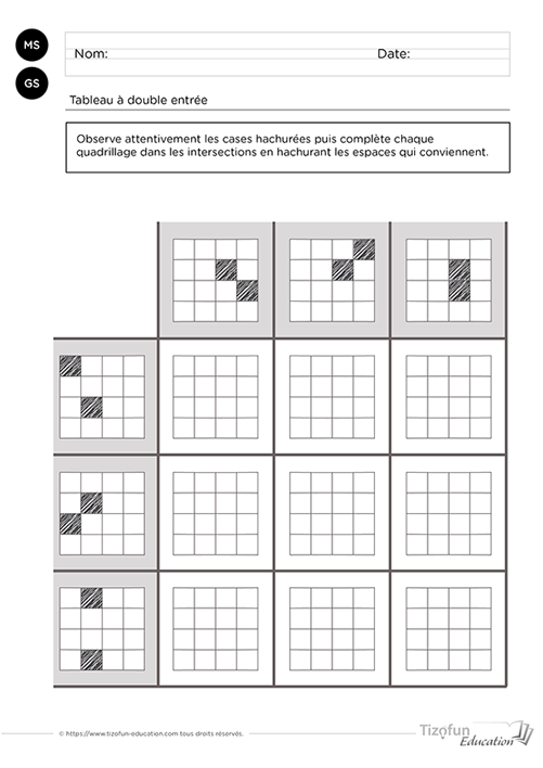 Prévisualisation d'une activité de logique en Maternelle où l'enfant complète un tableau à double entrée avec des quadrillages en combinant les informations des lignes et des colonnes pour retrouver chaque modèle.