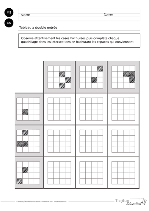 Prévisualisation d'une activité de logique en Maternelle où l'enfant résout un tableau à double entrée de quadrillages en contrôlant les informations des lignes et des colonnes avant de valider chaque réponse.