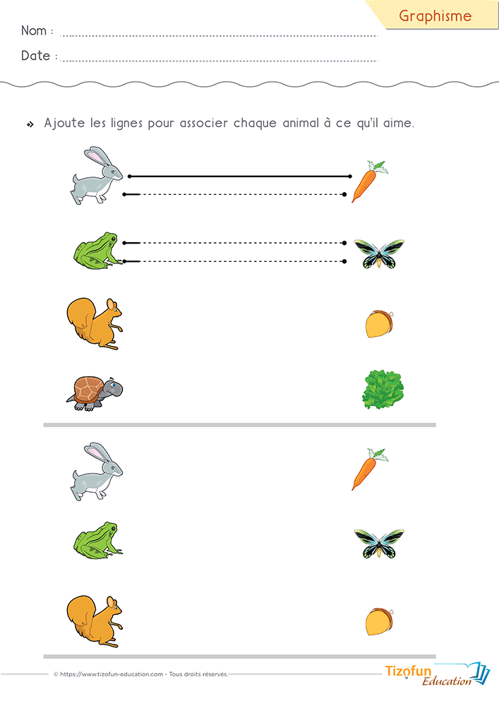 Exercice de graphisme PS MS pour tracer des lignes horizontales tout en associant chaque animal à la nourriture qui lui correspond.
