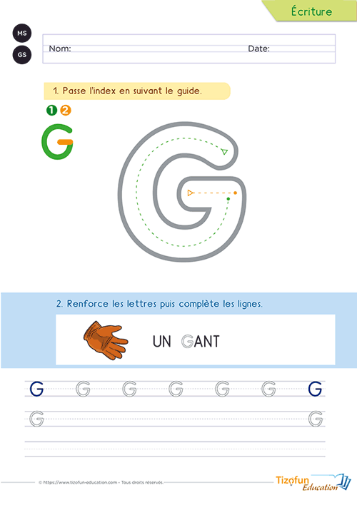 Fiche d'écriture de la lettre G majuscule avec un modèle guidé, le mot repère « gant » et des lignes d'entraînement.