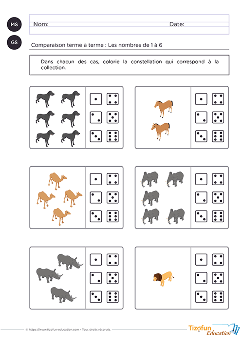 Fiche de Maternelle MS GS pour apprendre à comparer, dénombrer les quantités de 1 à 6 et les associer aux constellations de dés, Effectuer une correspondance terme à terme